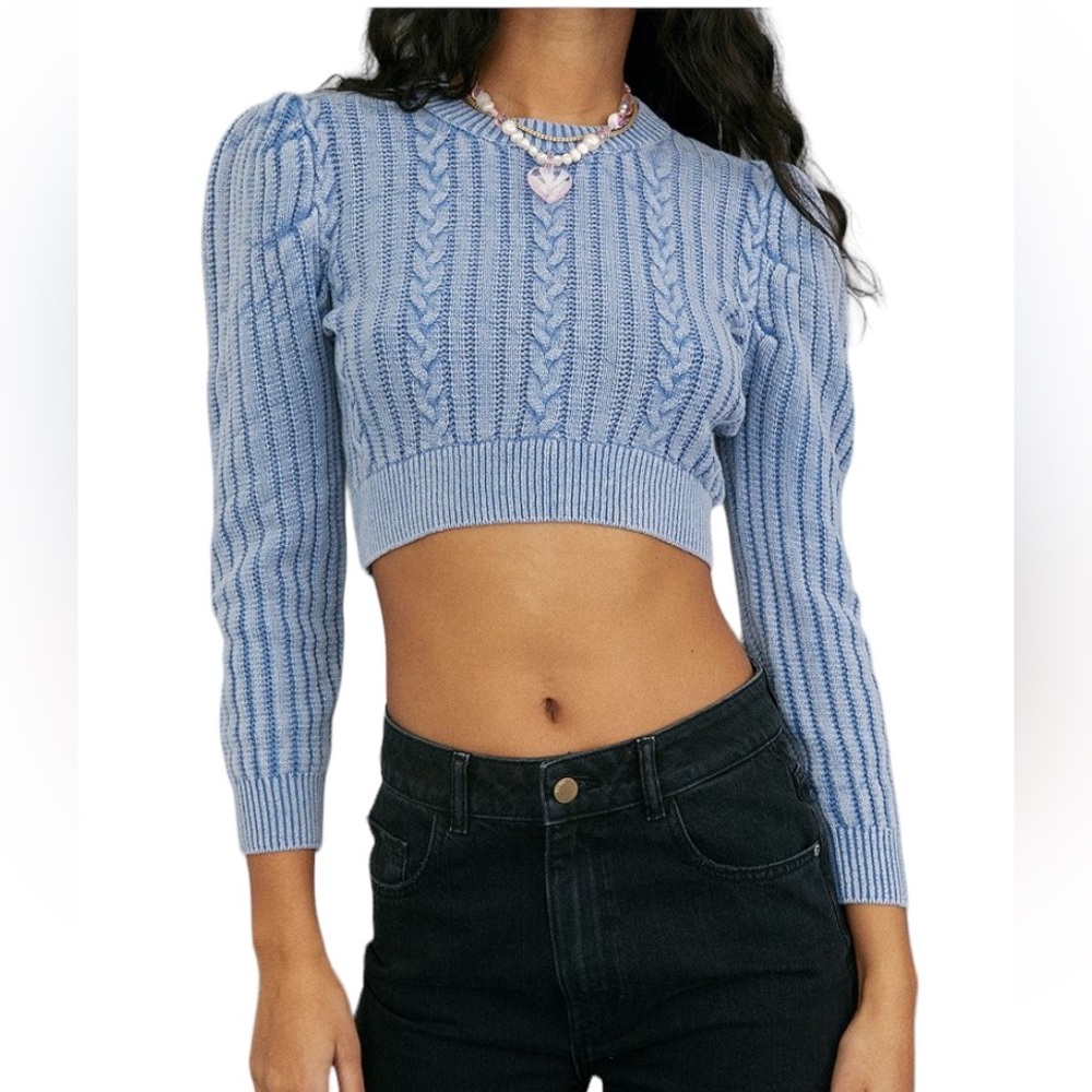 Urban Outfitters Cropped Cable Knit sweater puff sleeves washed blue size XS